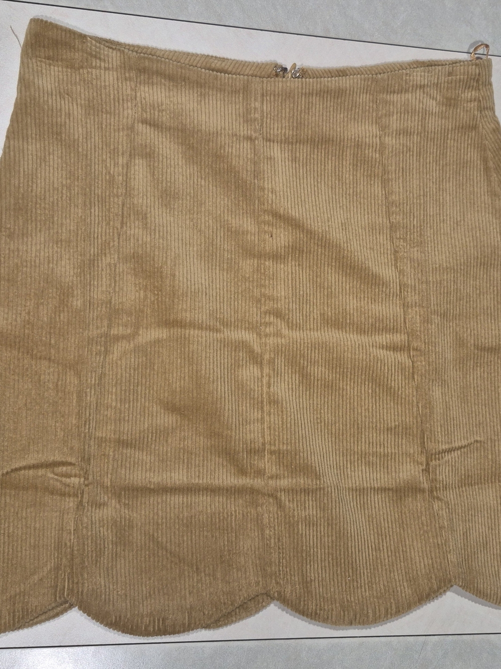 Corduroy Mini Skirt with Scalloped Hem in Tan